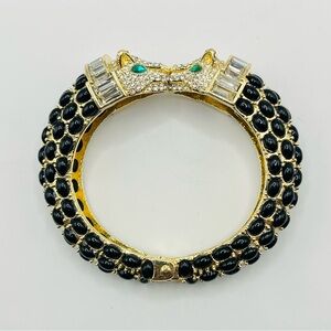 Natasha Couture Black and Gold tone Panther Bracelet hinged cuff.